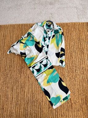 Satin White, Teal & Yellow Patterned Pants Set